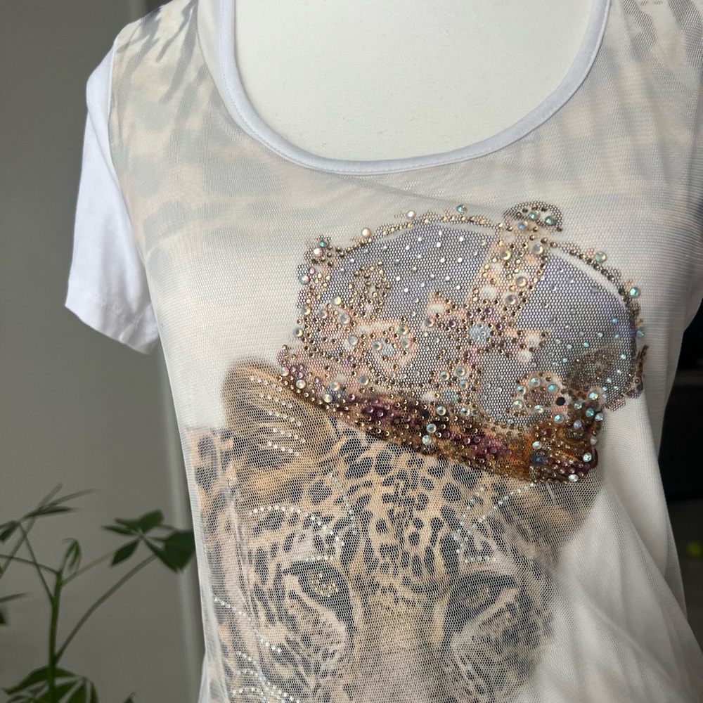 Women's White Leopard Graphic Top with Embellished Crown by DICE - Picture 2 of 7